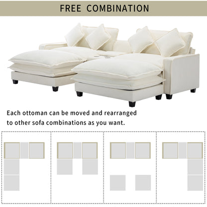 Plush Couch, Deep Seat Couch with Ottomans, Beige