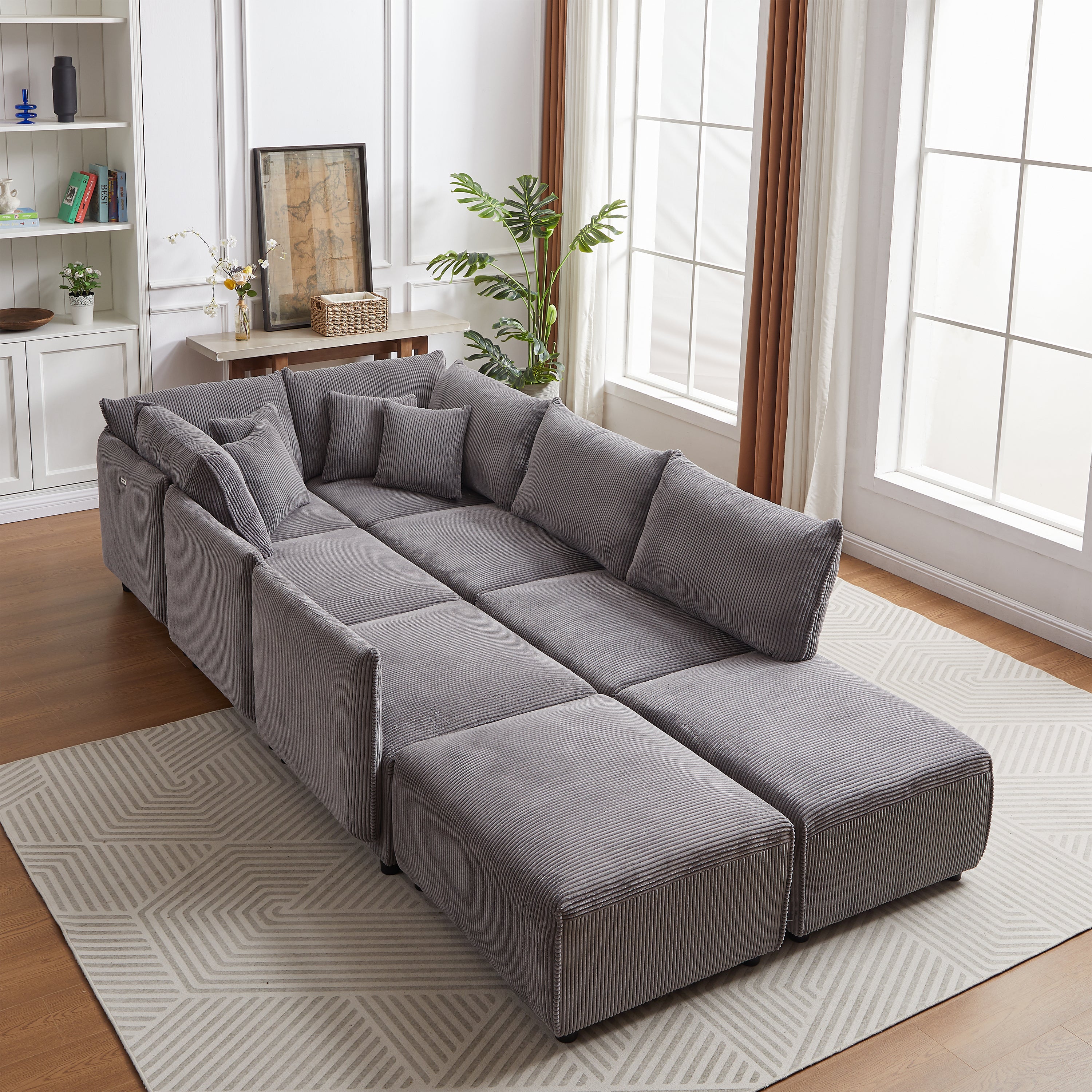 Modular U Shaped Sectional Sofa, Corduroy Couch with Ottoman - Gray