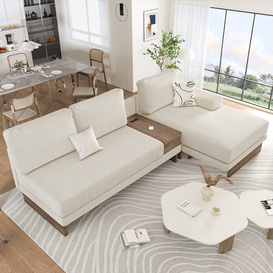 Corduroy Couch, Modern L Shaped Sectional Sofa with Reversible Chaise, Beige