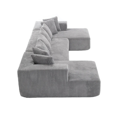 Modular U Shaped Sectional, Corduroy Couch with Double Chaise, Gray