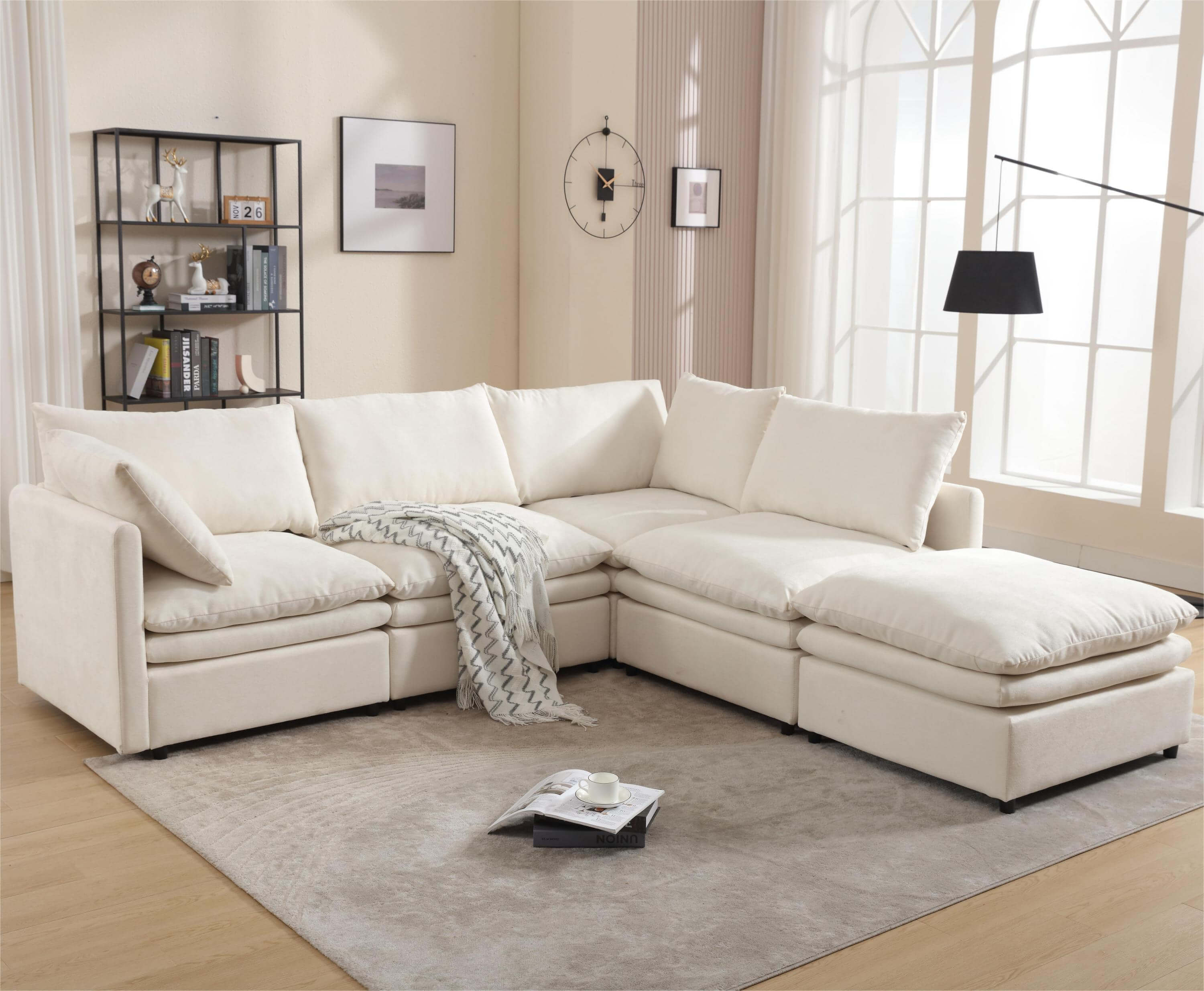 Modular Cloud Couch, U Shaped Sectional Sofa with Ottoman, Beige