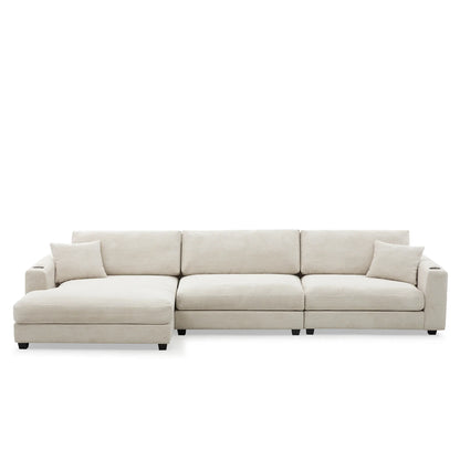 Deep Seat Corduroy Sofa, Large Sectional Couch with Chaise, Beige