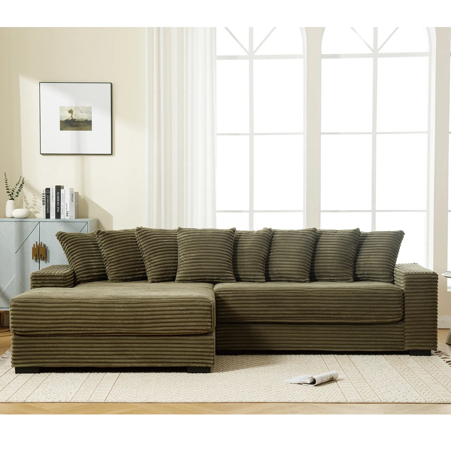 L Shaped Corduroy Couch, Plush Chaise Lounge Sofa, Green