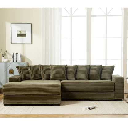 L Shaped Corduroy Couch, Plush Chaise Lounge Sofa, Green