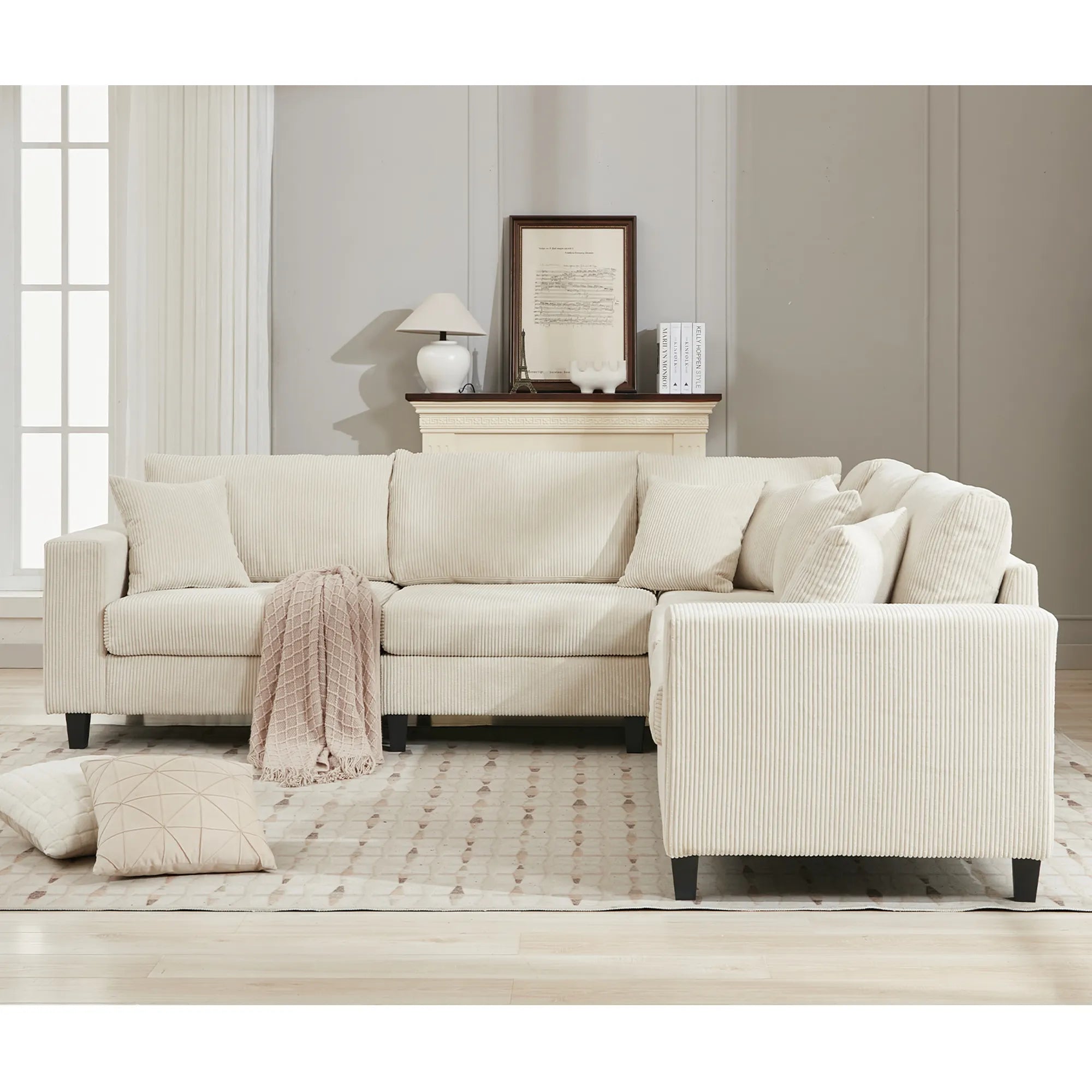 Modular Sectional Sofa, Deep Seat Corduroy Couch, Beige