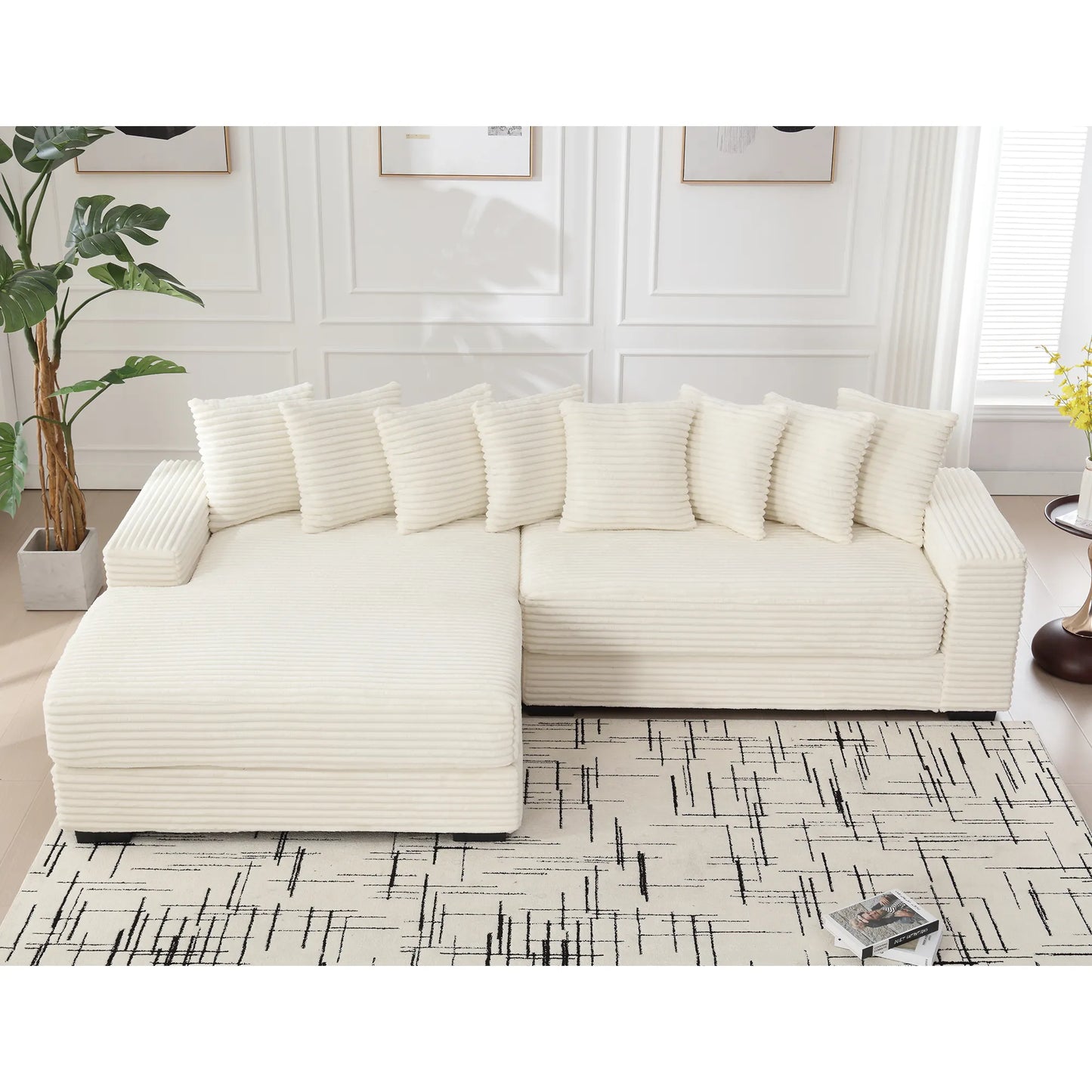 L Shaped Corduroy Couch, Plush Chaise Lounge Sofa, Beige