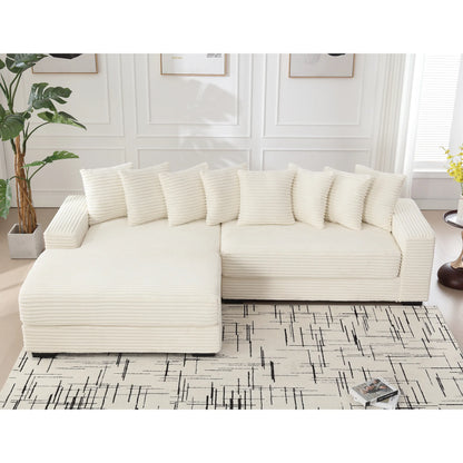 L Shaped Corduroy Couch, Plush Chaise Lounge Sofa, Beige