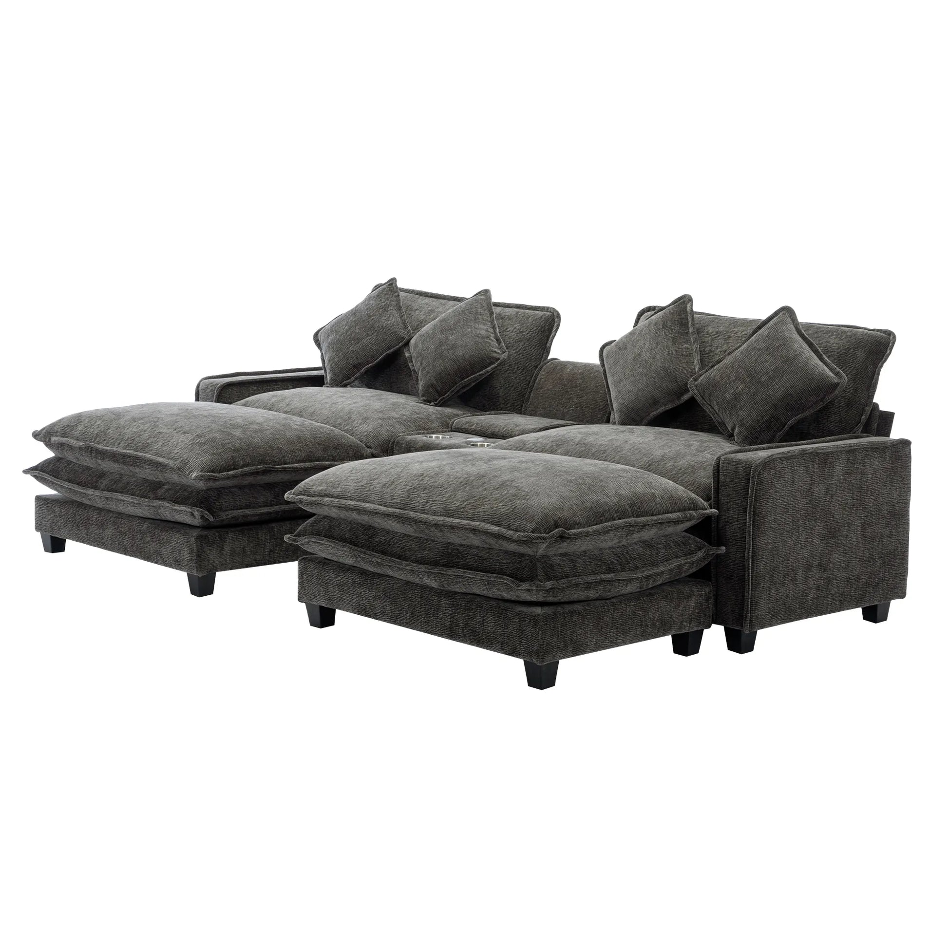 Plush Couch, Deep Seat Couch with Ottomans, Black