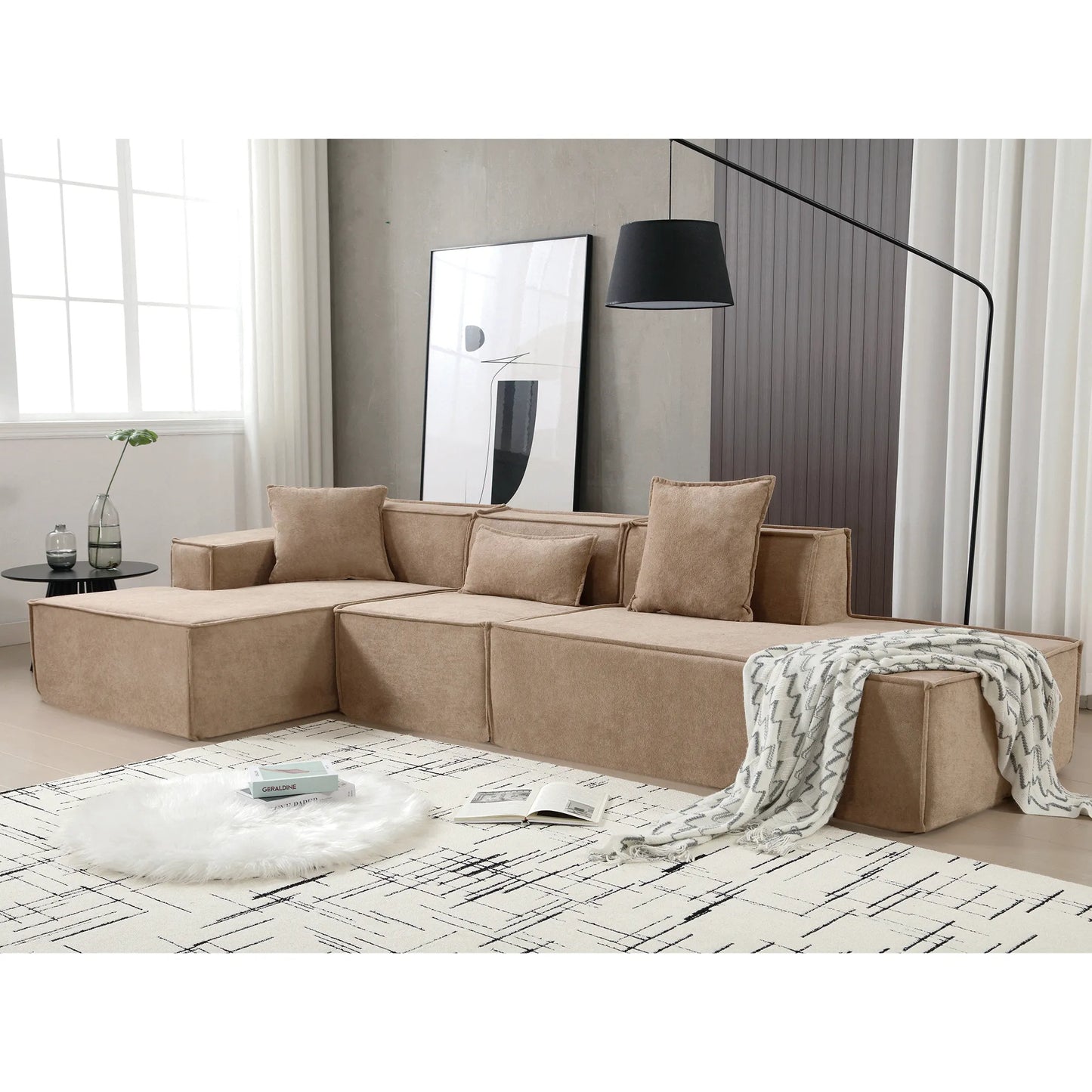 Modular Lounge Sofa, L Shaped Sectional with Chaise, Light Brown