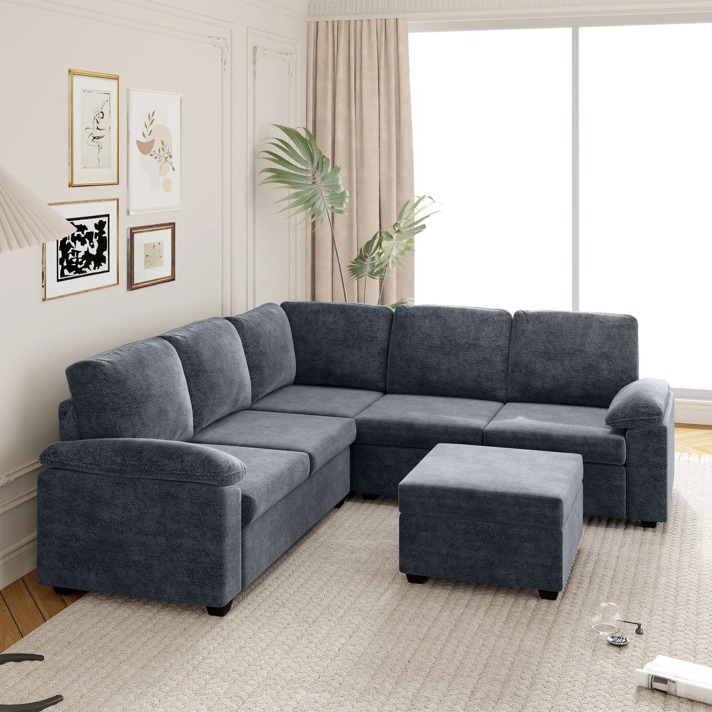 Modern L-Shape Velvet Sectional Sofa, Corner Couch with Ottoman, Grey