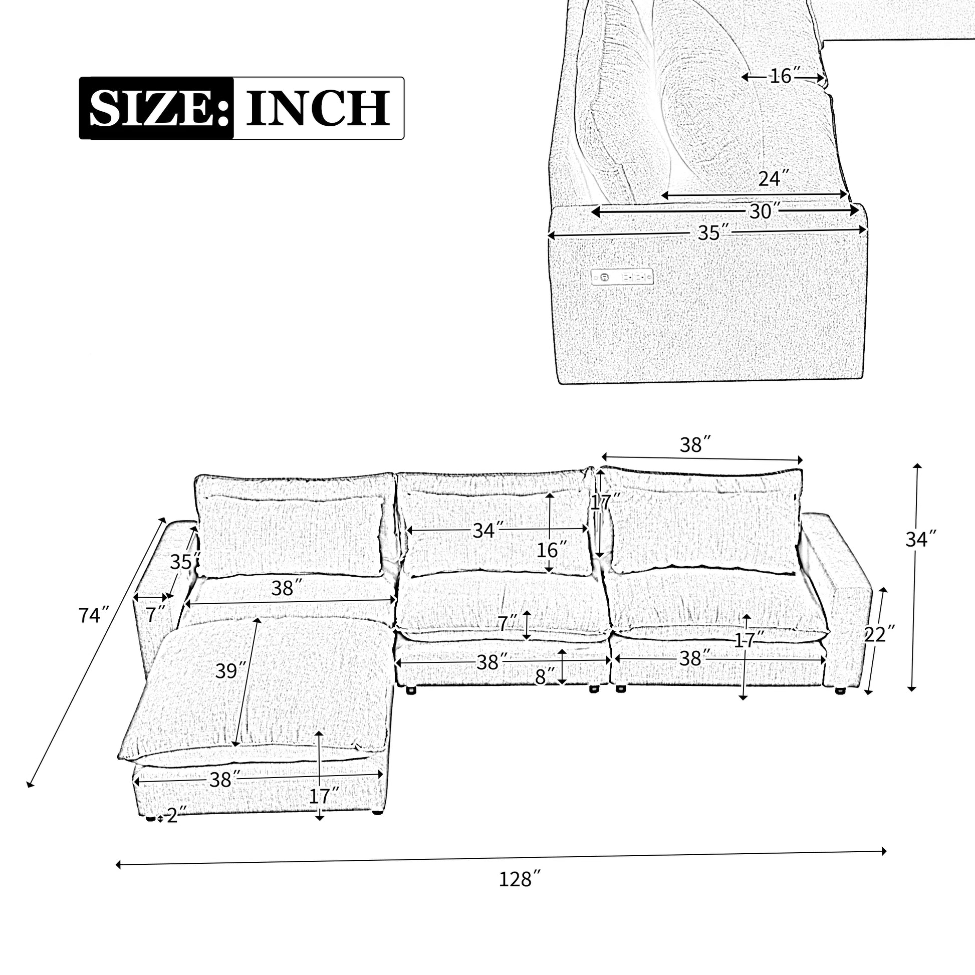 Comfy Sectional Cloud Couch, Chenille Sofa with Ottoman, Beige