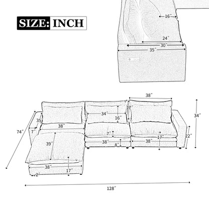 Comfy Sectional Cloud Couch, Chenille Sofa with Ottoman, Beige