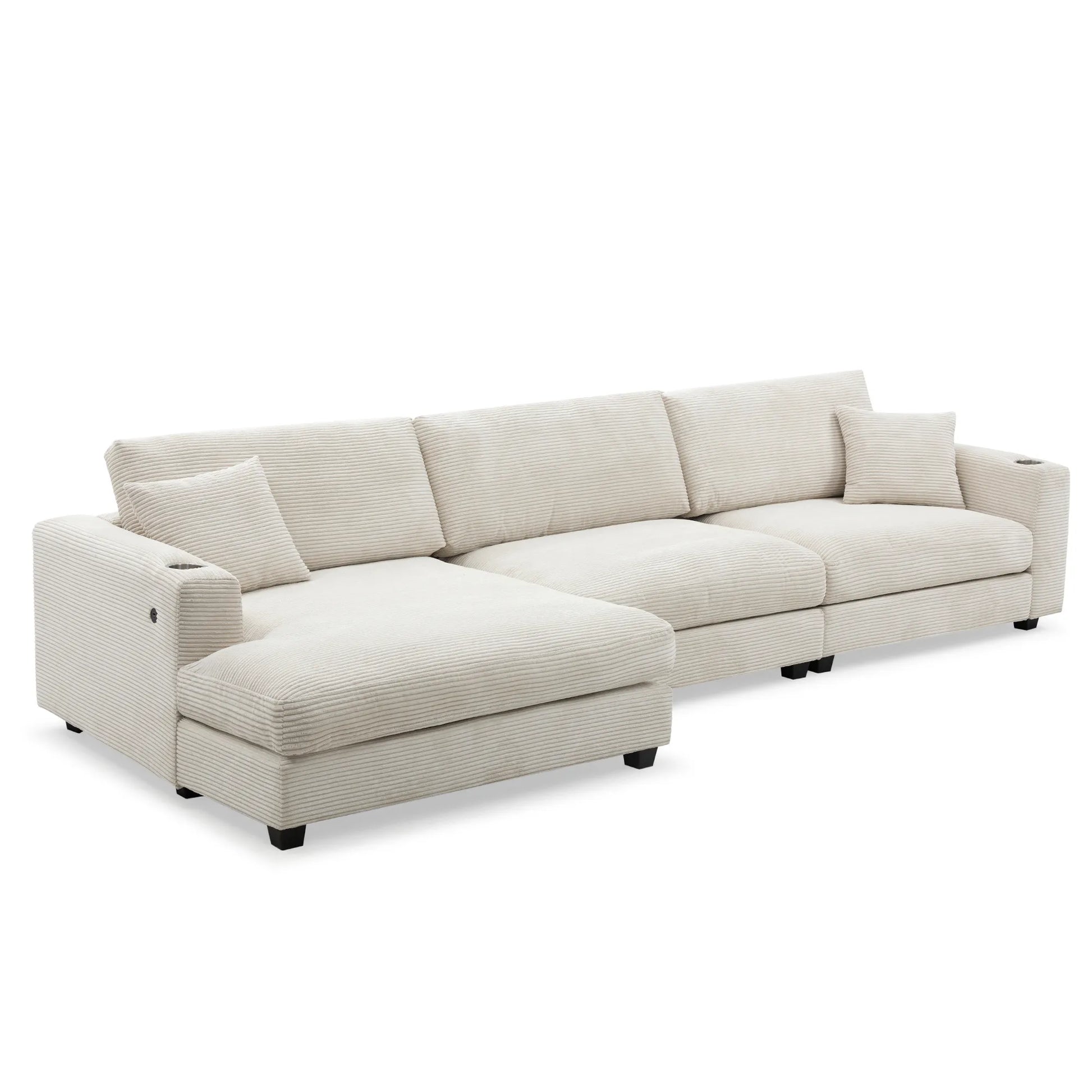 Deep Seat Corduroy Sofa, Large Sectional Couch with Chaise, Beige