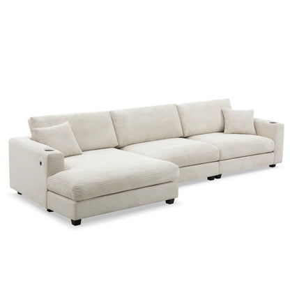 Deep Seat Corduroy Sofa, Large Sectional Couch with Chaise, Beige