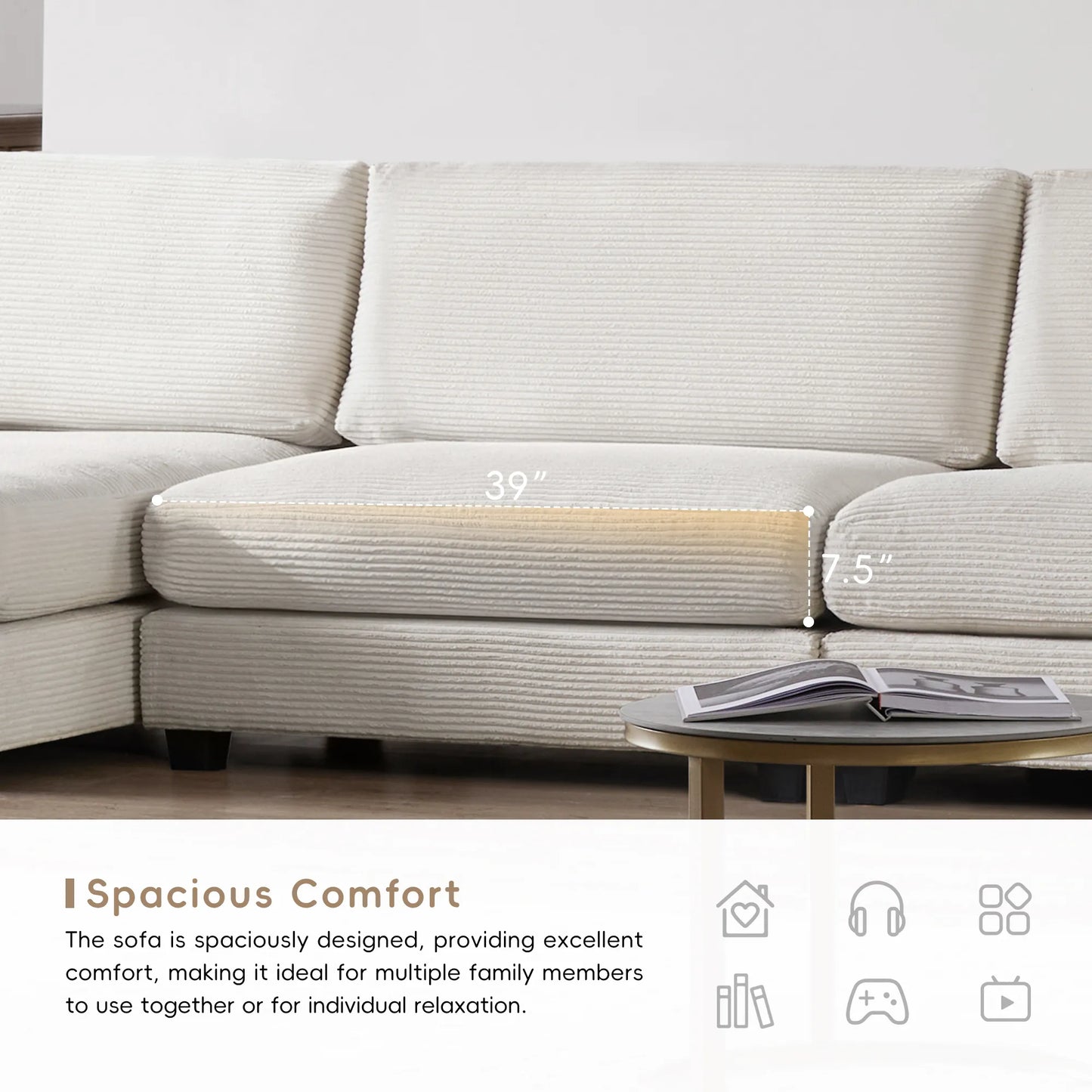 Deep Seat Corduroy Sofa, Large Sectional Couch with Chaise, Beige