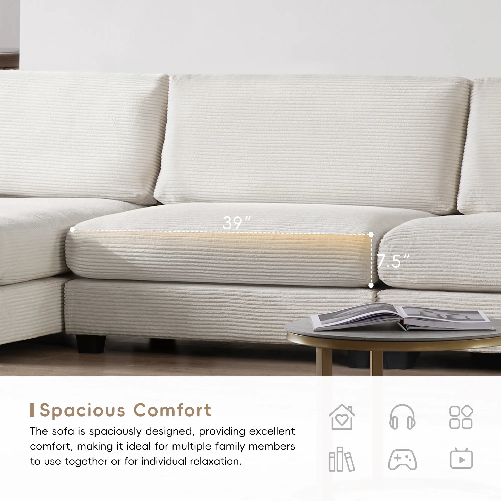 Deep Seat Corduroy Sofa, Large Sectional Couch with Chaise, Beige