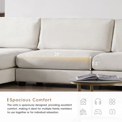 Deep Seat Corduroy Sofa, Large Sectional Couch with Chaise, Beige