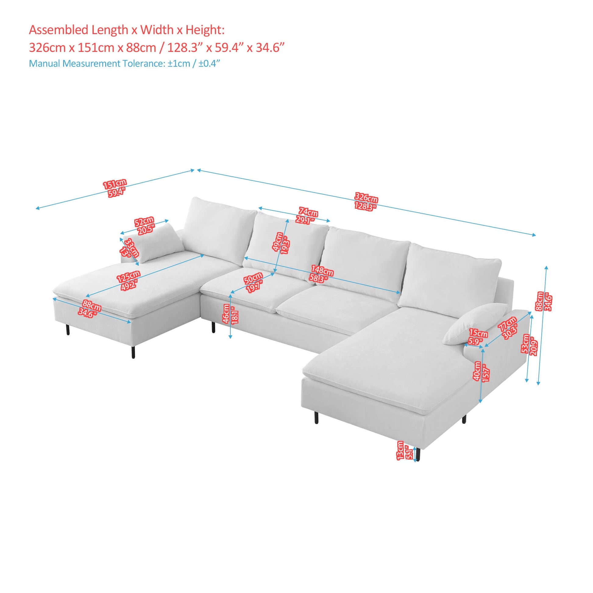 Modern U-Shaped Beige Sectional Sofa, Double Chaise Couch, Beige