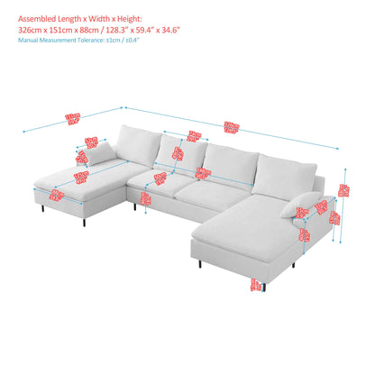 Modern U-Shaped Beige Sectional Sofa, Double Chaise Couch, Beige
