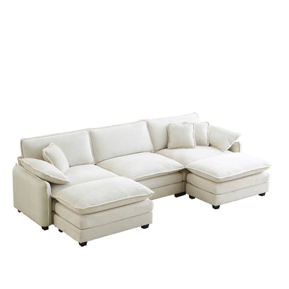 U Shape Sectional Cloud Sofa, Plush Corduroy Couch with Ottoman, Beige