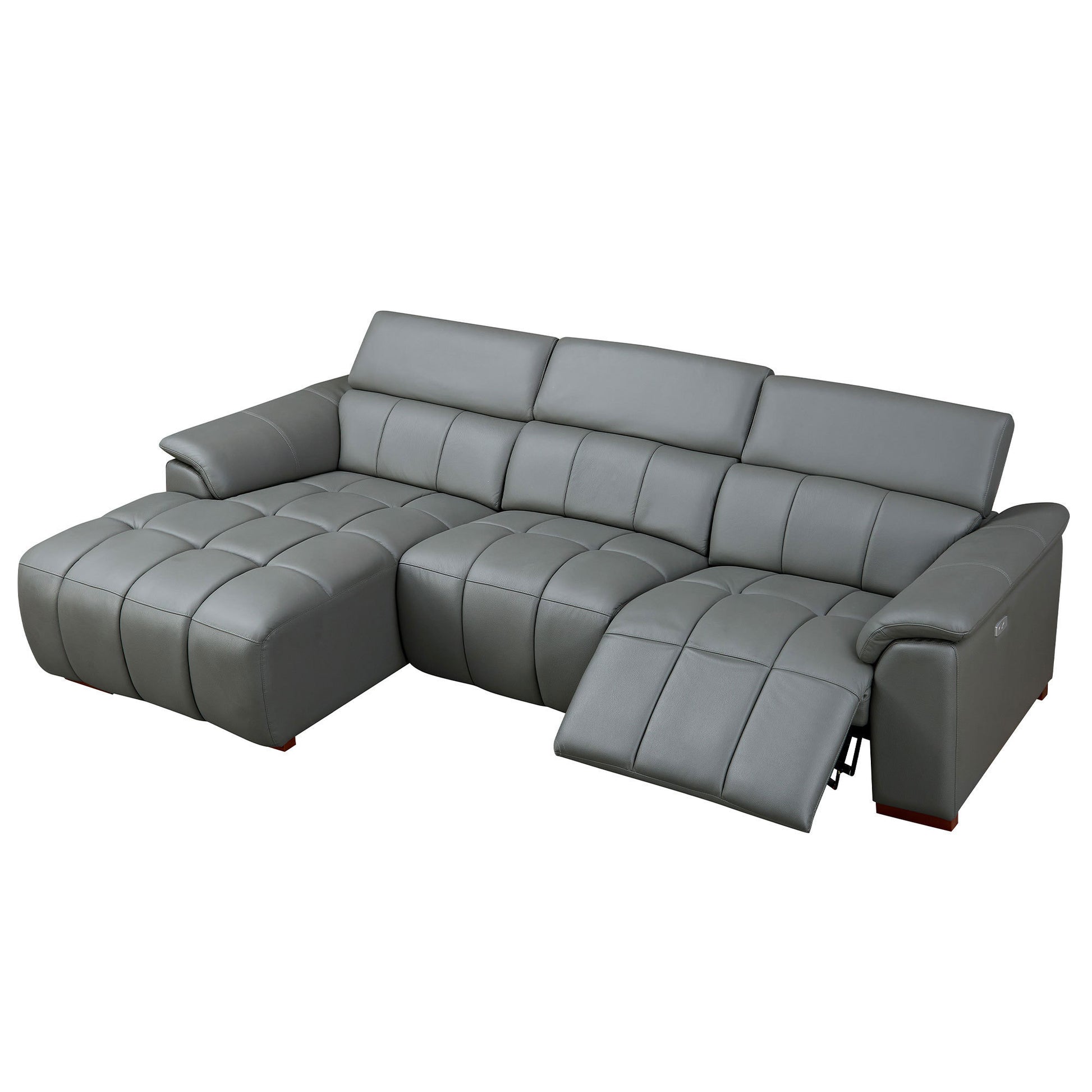 Genuine Leather Recliner Sofa, Modern Couch with Chaise, USB and Adjustable Headrest, Dark Grey