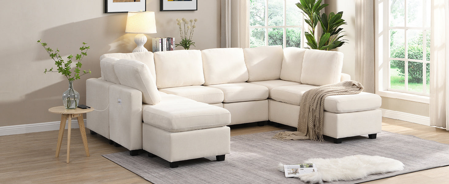 U Shaped Couch, Chenille Sectional Sofa with Ottoman, Beige