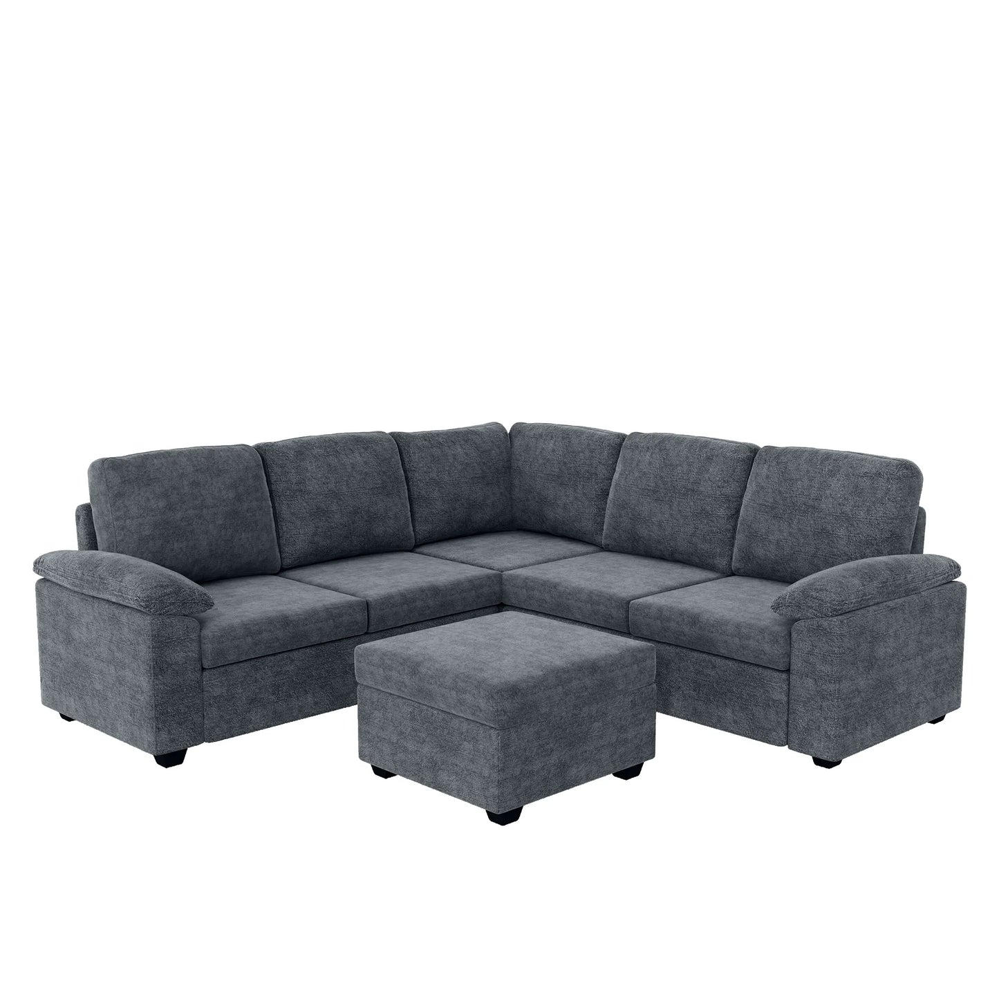 Modern L-Shape Velvet Sectional Sofa, Corner Couch with Ottoman, Grey