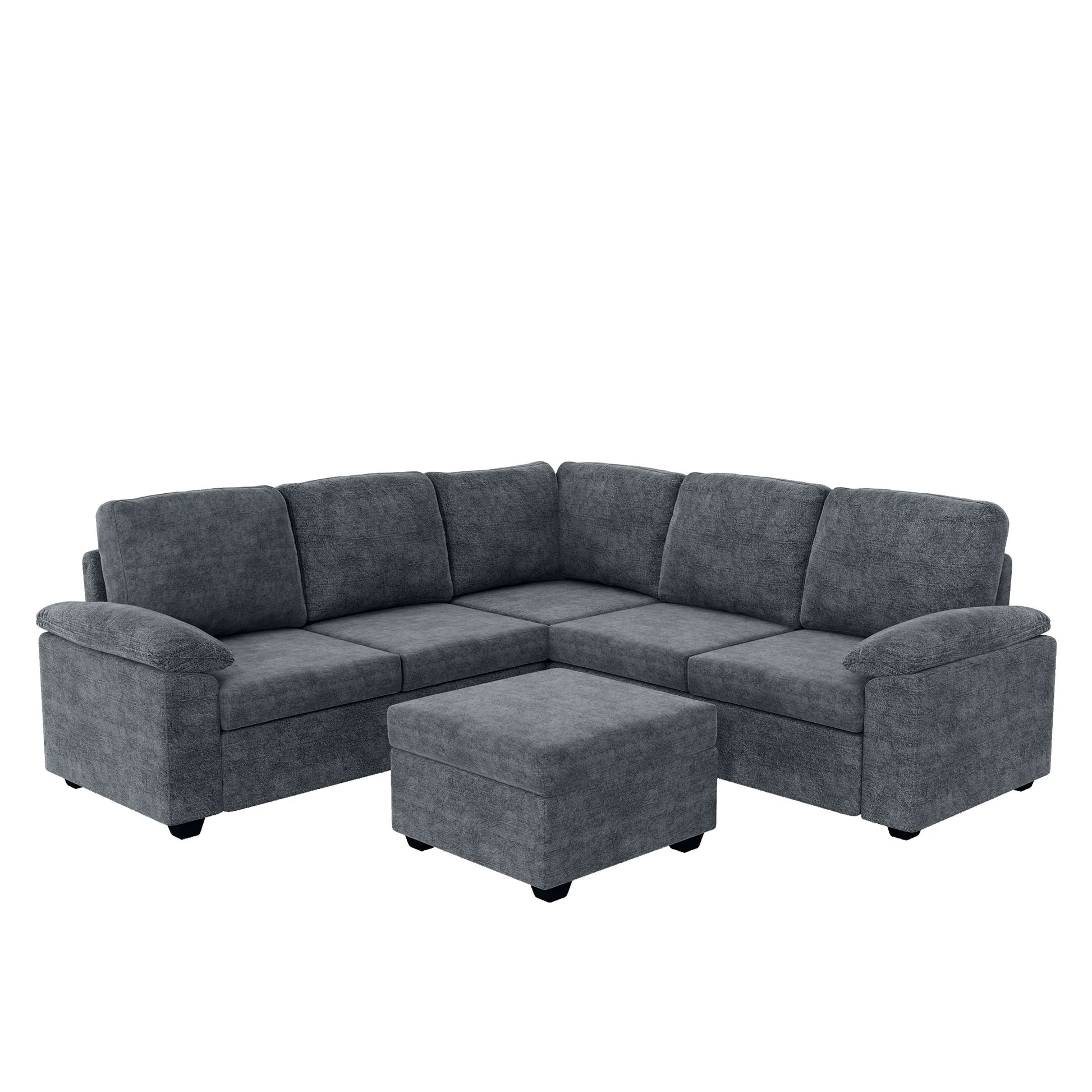Modern L-Shape Velvet Sectional Sofa, Corner Couch with Ottoman, Grey