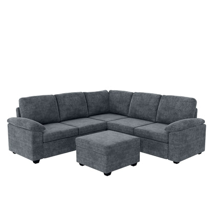 Modern L-Shape Velvet Sectional Sofa, Corner Couch with Ottoman, Grey
