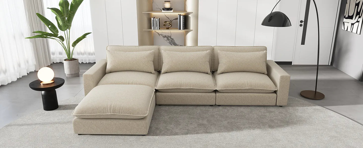 Comfy Sectional Cloud Couch, Chenille Sofa with Ottoman, Beige