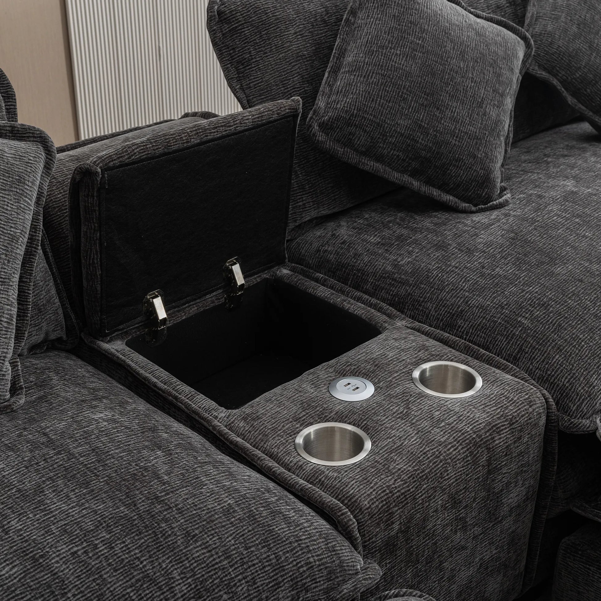 Plush Couch, Deep Seat Couch with Ottomans, Black