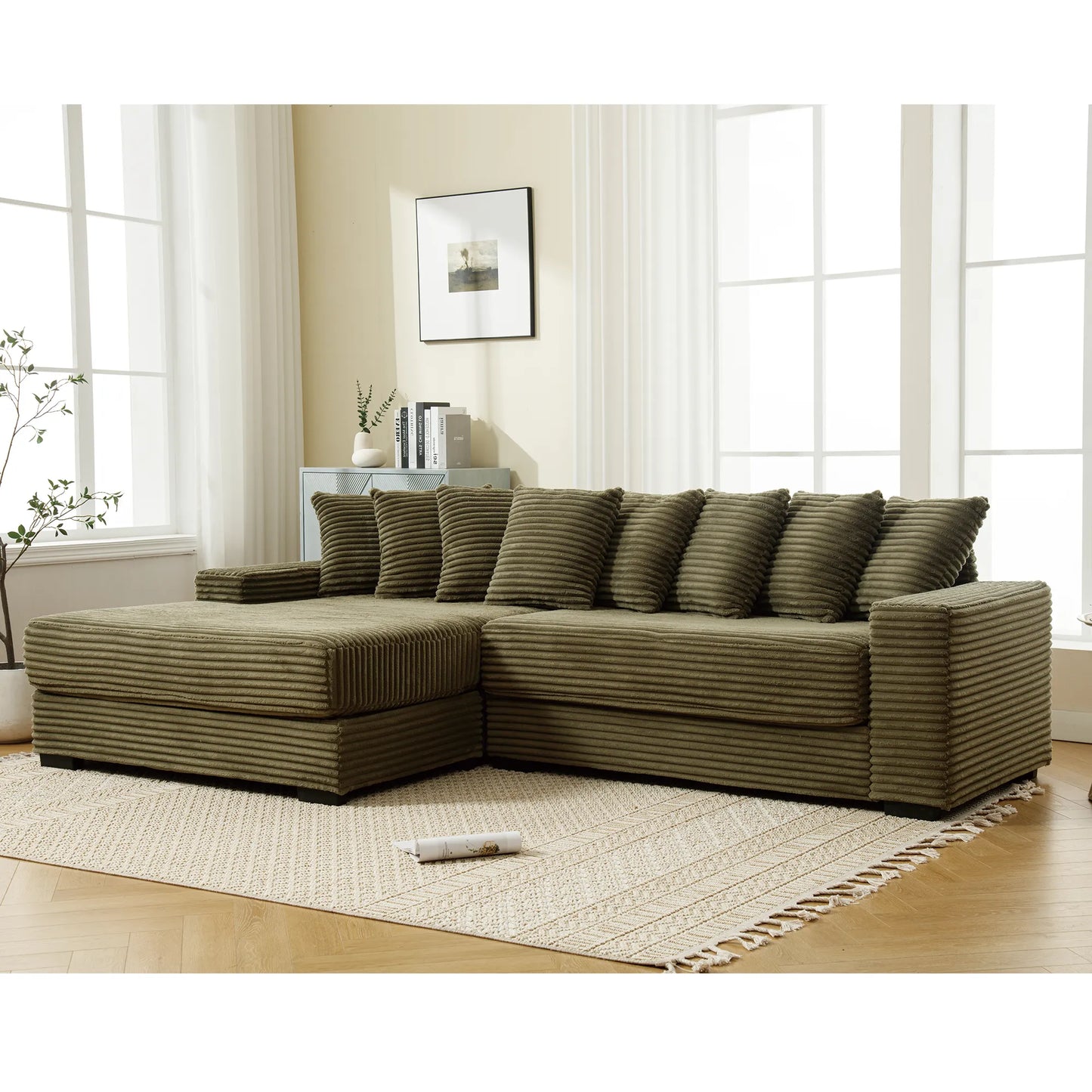 L Shaped Corduroy Couch, Plush Chaise Lounge Sofa, Green