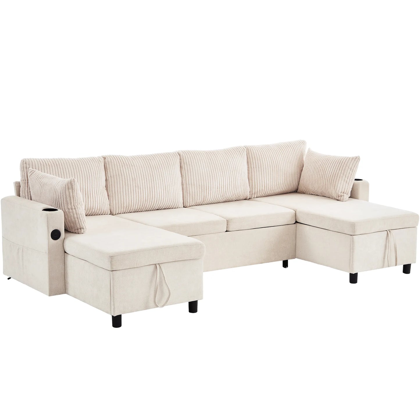 Corduroy Couch with Chaise Sleeper, Sectional Sofa Pull-Out, Beige