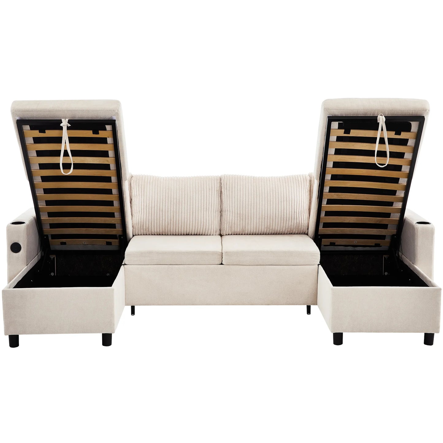 Corduroy Couch with Chaise Sleeper, Sectional Sofa Pull-Out, Beige