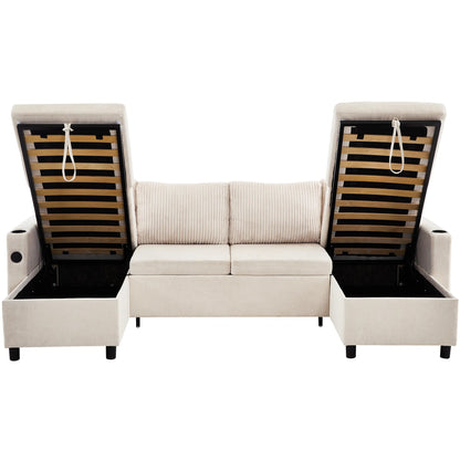 Corduroy Couch with Chaise Sleeper, Sectional Sofa Pull-Out, Beige