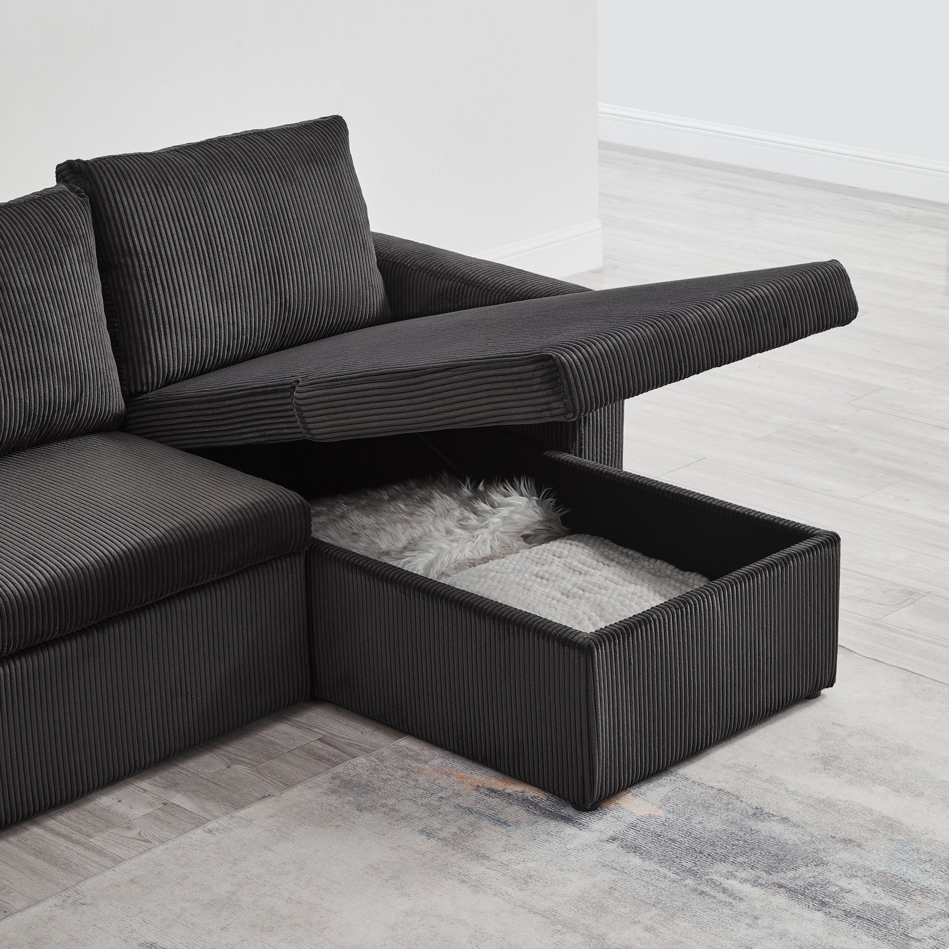 Louie Sofa Chaise Sleeper, Corduroy Couch with Double Chaise Storage - Dark Gray