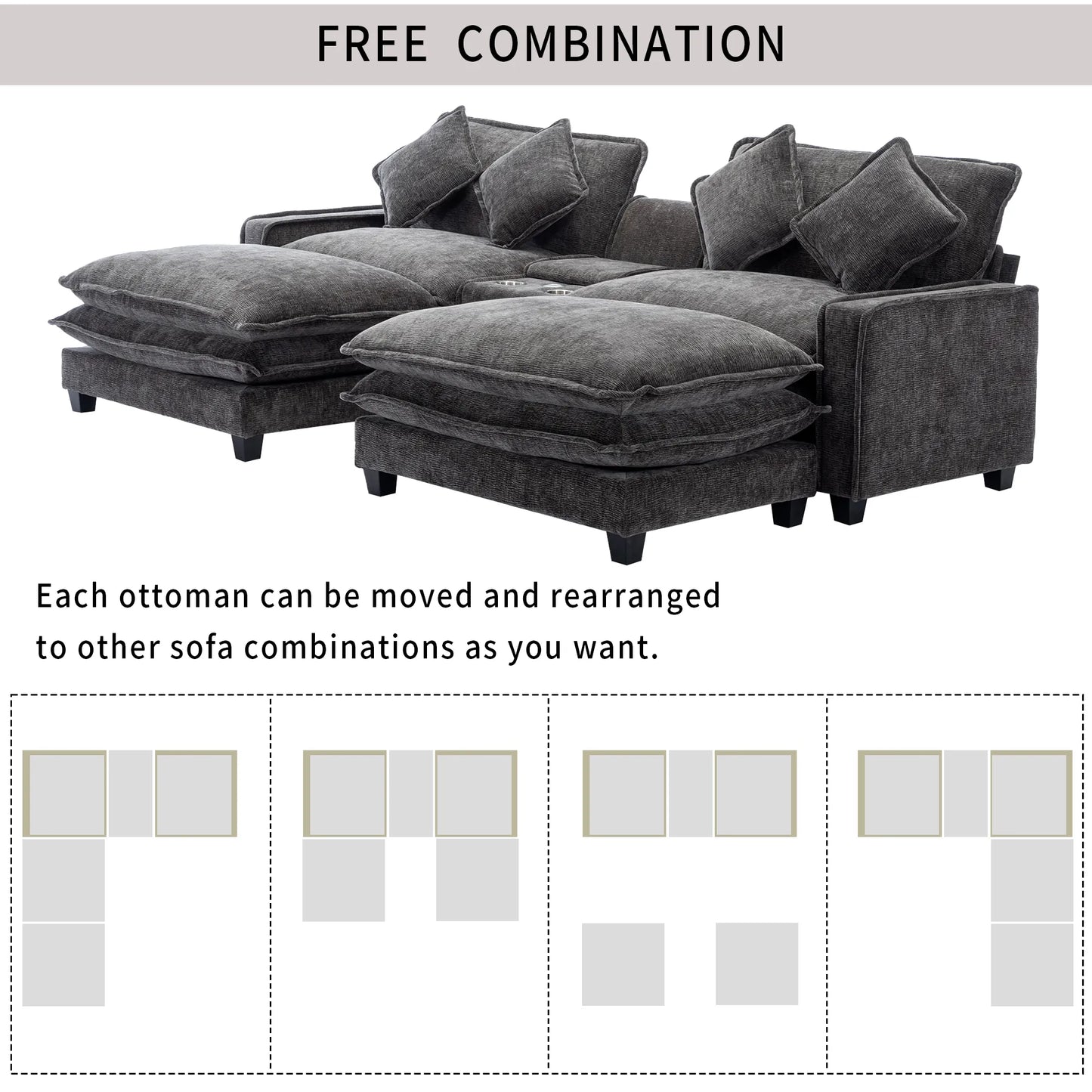Plush Couch, Deep Seat Couch with Ottomans, Black