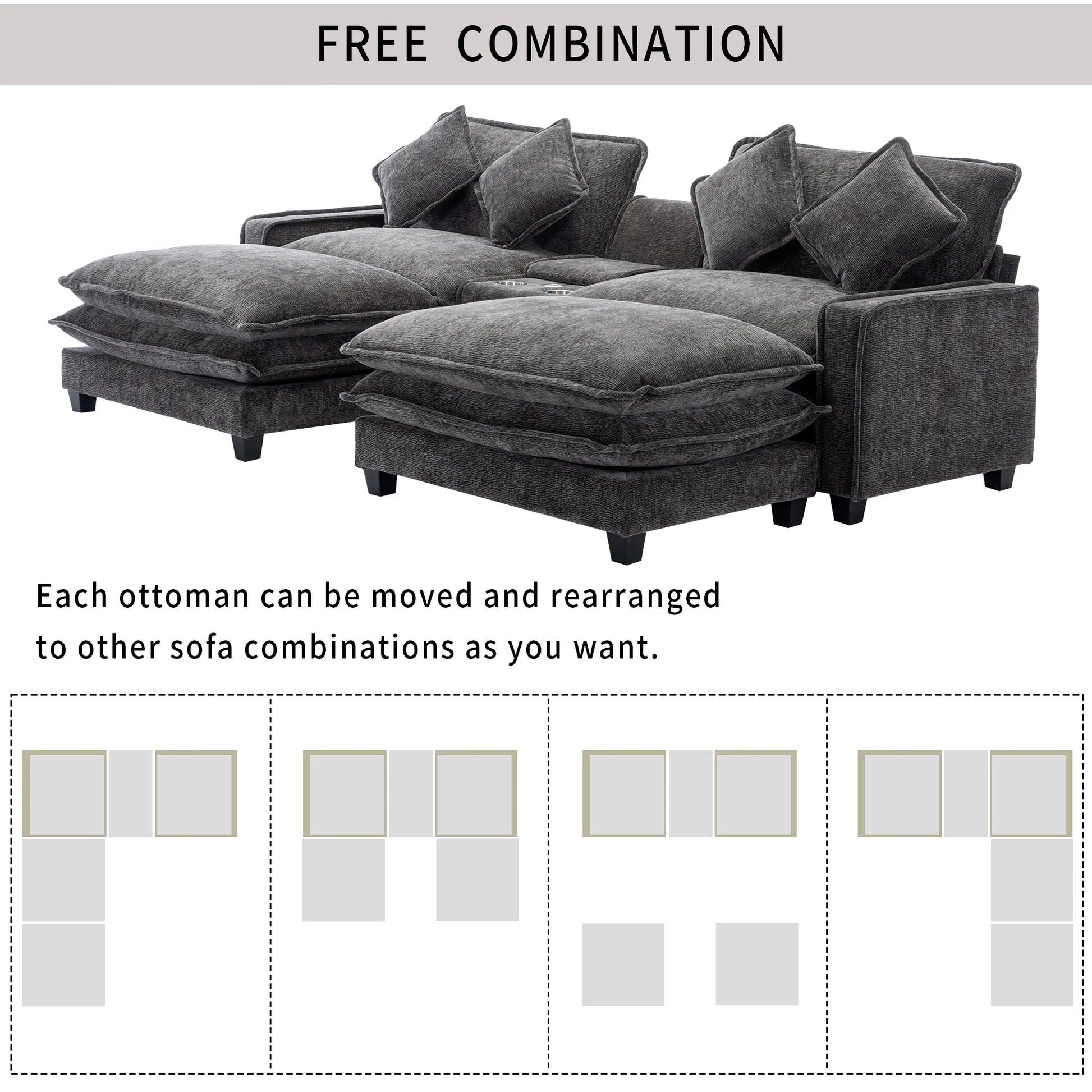 Plush Couch, Deep Seat Couch with Ottomans, Black