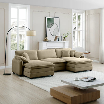 U Shape Sectional Cloud Sofa, Plush Corduroy Couch with Ottoman, Camel