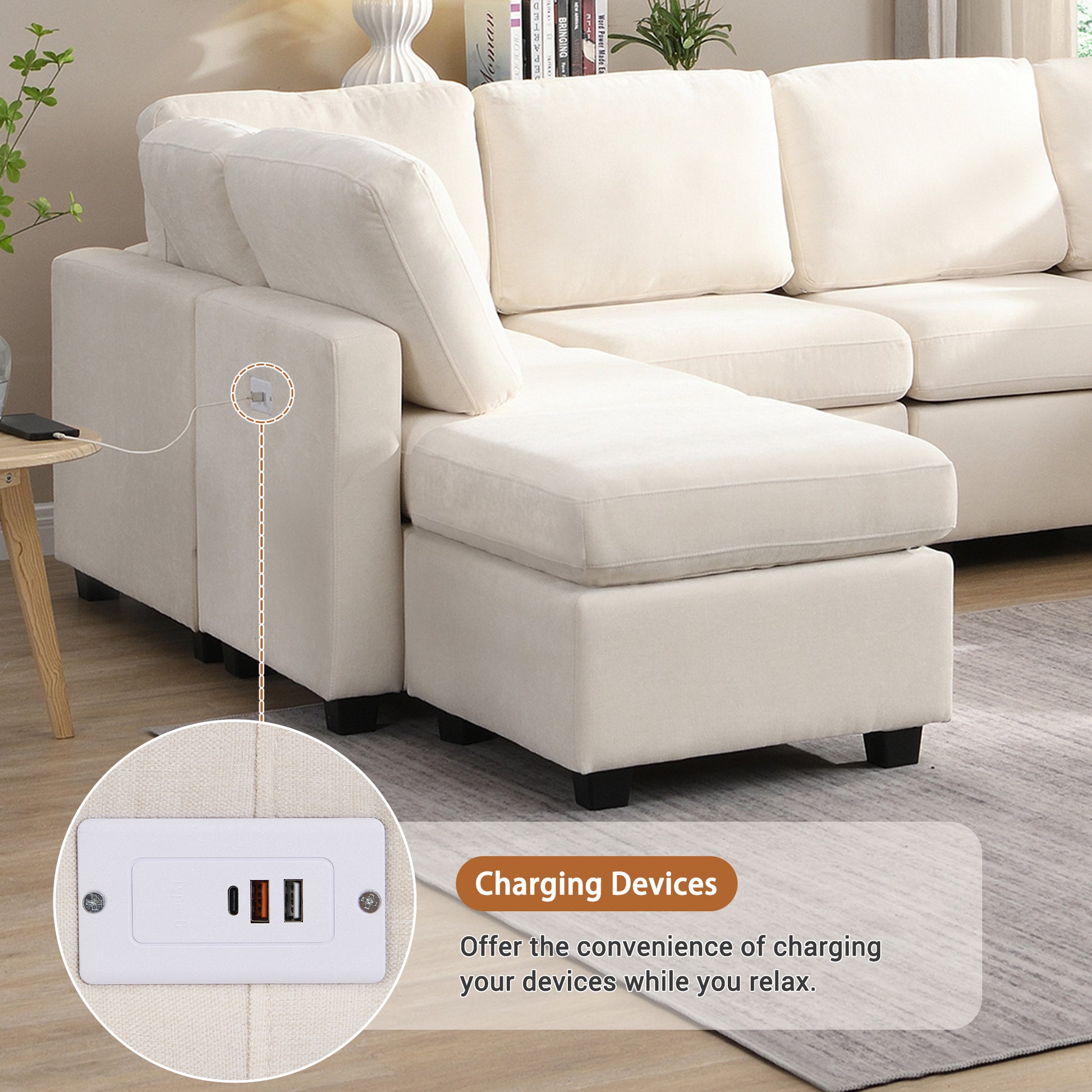 U Shaped Couch, Chenille Sectional Sofa with Ottoman, Beige
