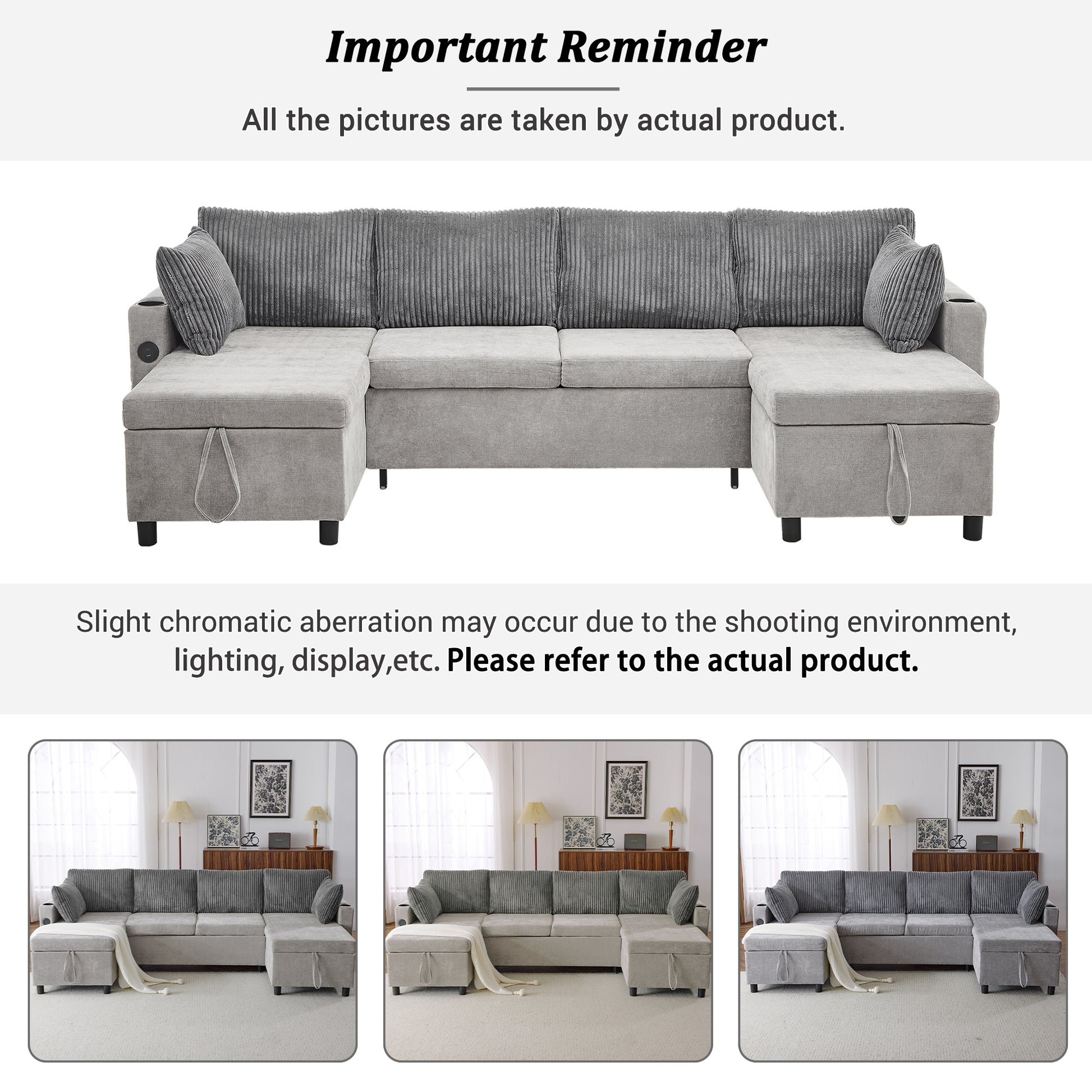 Corduroy Couch with Chaise Sleeper, Sectional Sofa Pull-Out, Grey