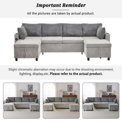 Corduroy Couch with Chaise Sleeper, Sectional Sofa Pull-Out, Grey