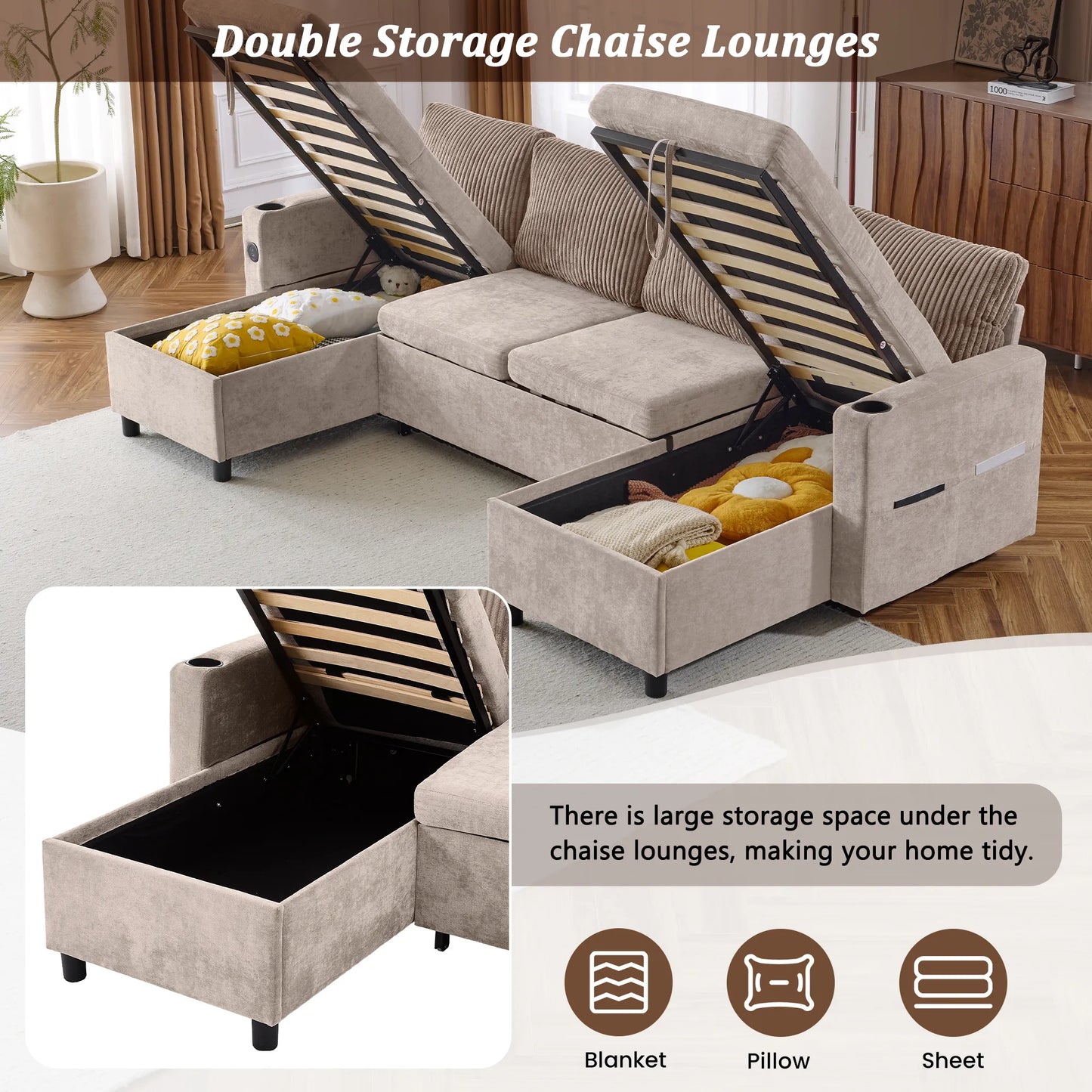 Corduroy Couch with Chaise Sleeper, Sectional Sofa Pull-Out, Brown