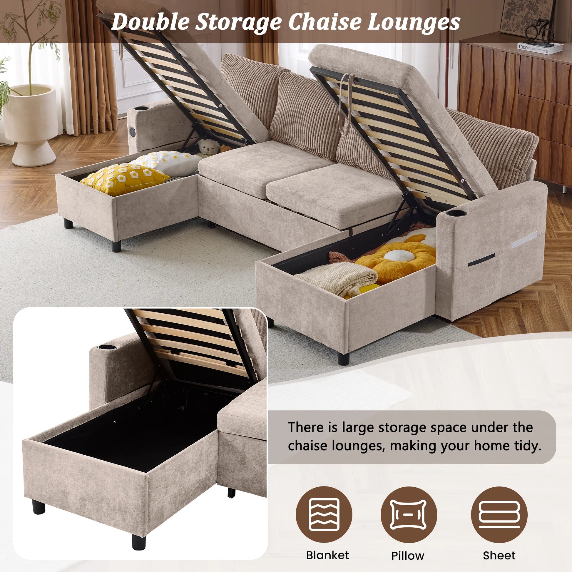 Corduroy Couch with Chaise Sleeper, Sectional Sofa Pull-Out, Brown