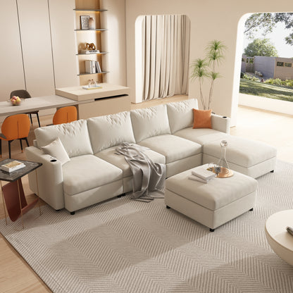 Large Sectional Couch with Storage, Sofa with Chaise- Beige