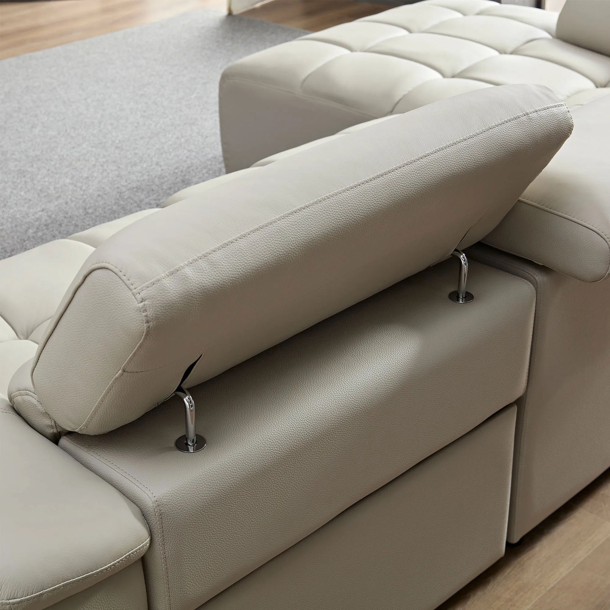 Genuine Leather Recliner Sofa, Modern Couch with Chaise, USB and Adjustable Headrest, Light Grey