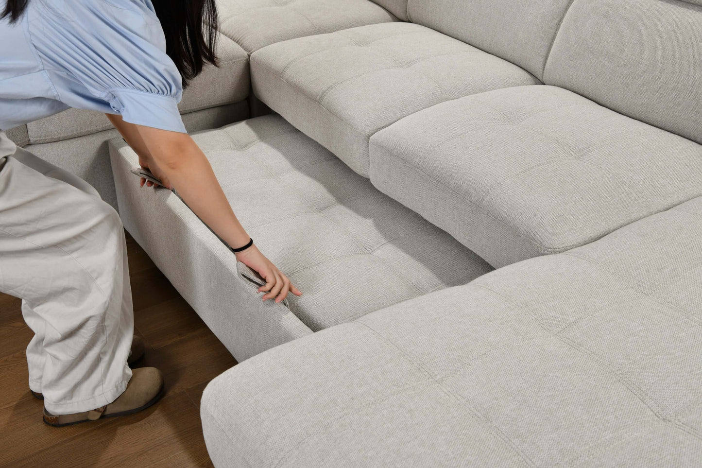 U Shaped 7-seat Sectional with Sofa Bed and Storage Chaise for Living Room - Beige, Gray