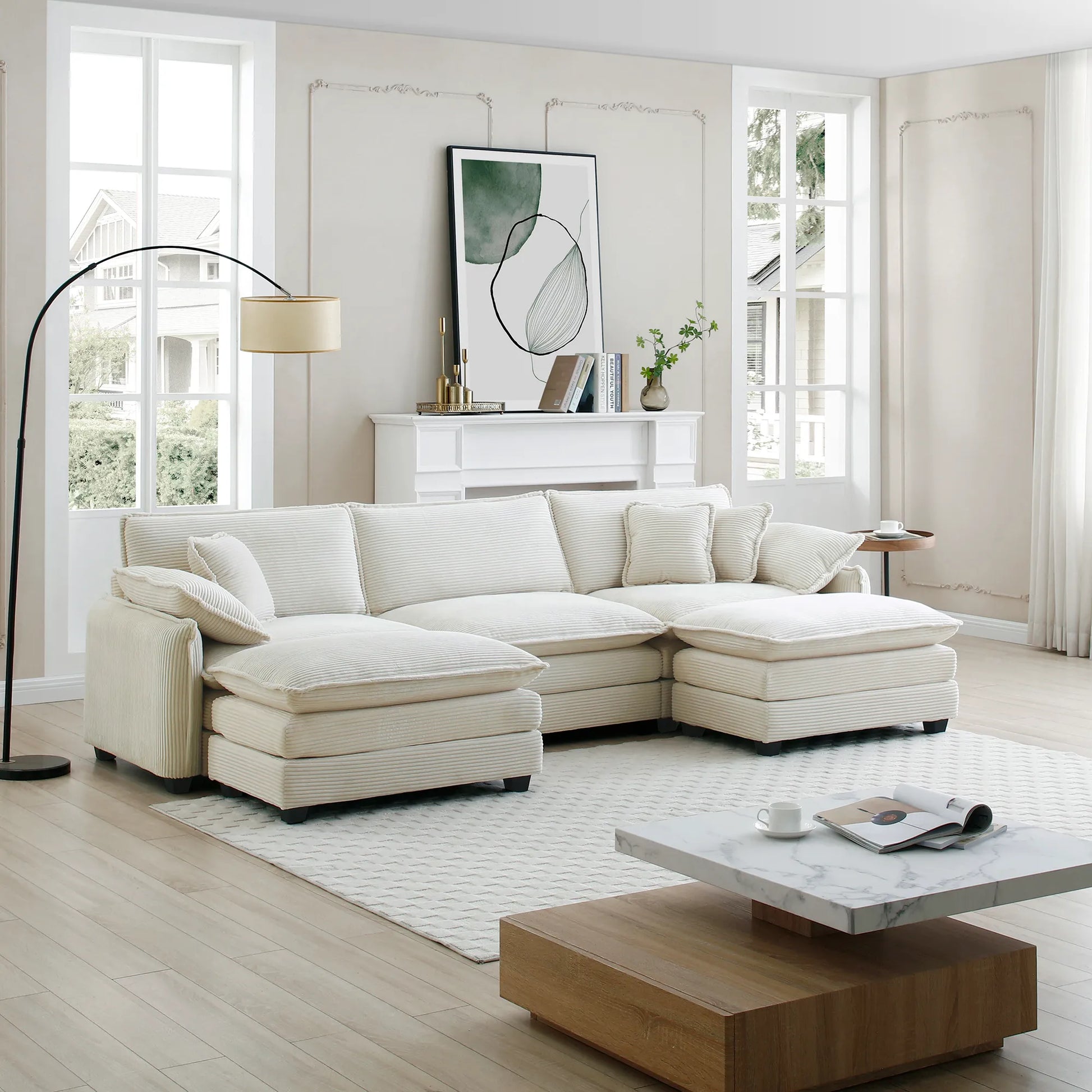 U Shape Sectional Cloud Sofa, Plush Corduroy Couch with Ottoman, Beige