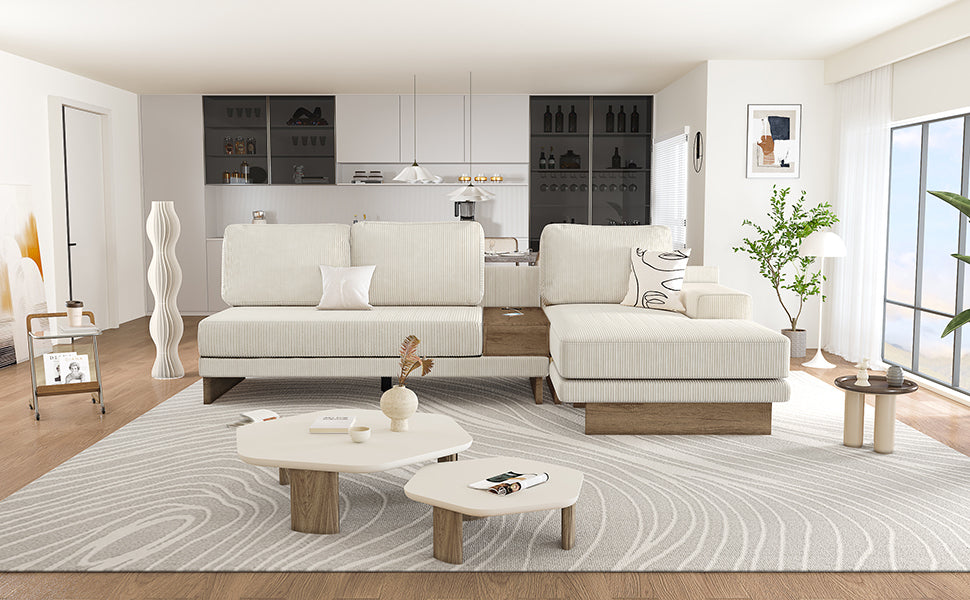 Corduroy Couch, Modern L Shaped Sectional Sofa with Reversible Chaise, Beige