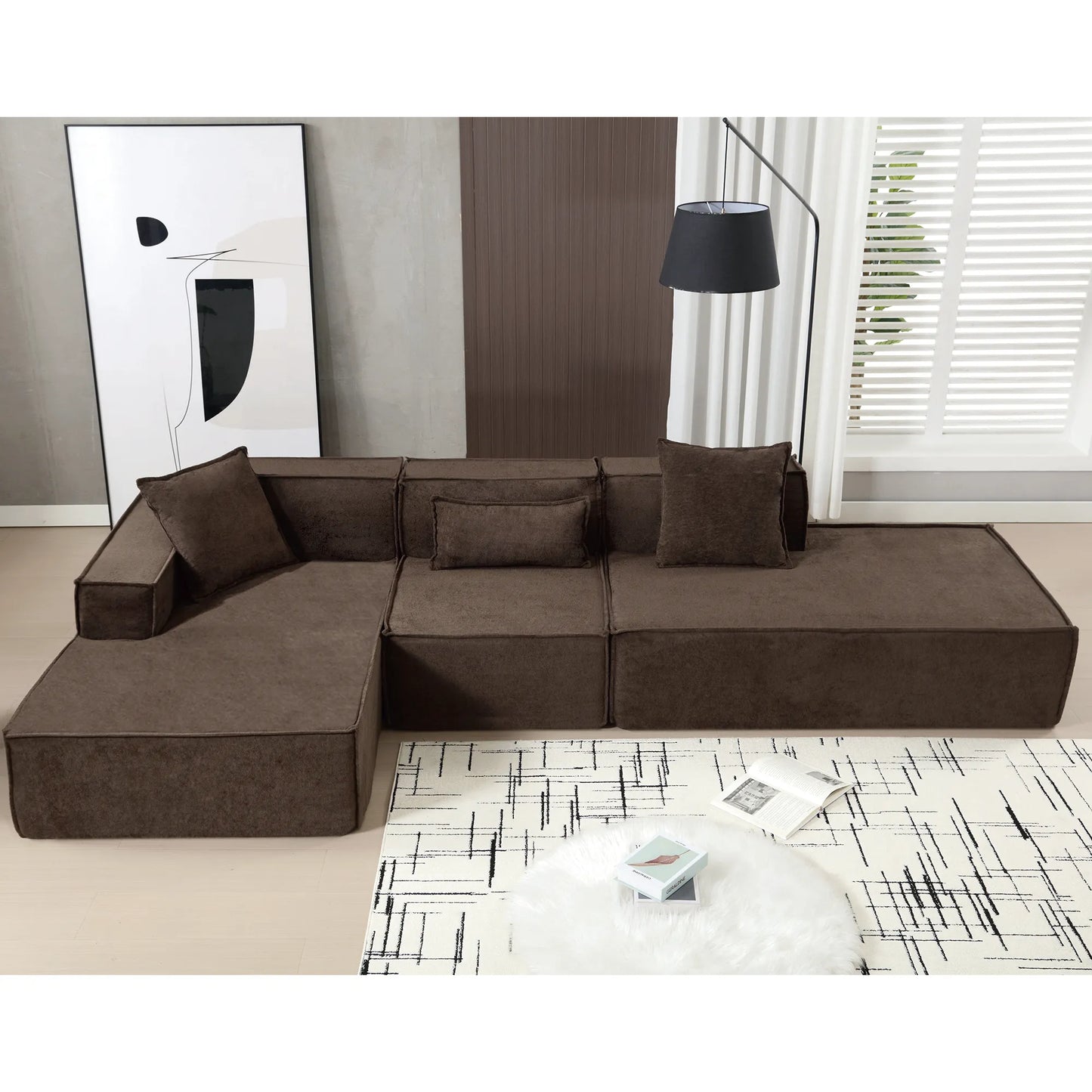 Modular Lounge Sofa, L Shaped Sectional with Chaise, Brown